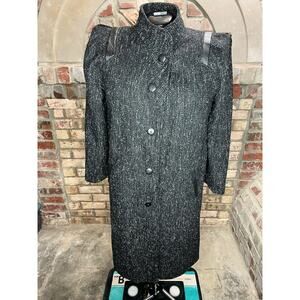Coat wool charcoal teal pink blue high neck leather trim